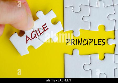 Texte de principes agiles sur puzzle représentant un concept de livraison de projet flexible. Banque D'Images