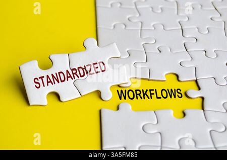 Texte de flux de travail standardisé sur puzzle. Concept d'amélioration des processus. Banque D'Images