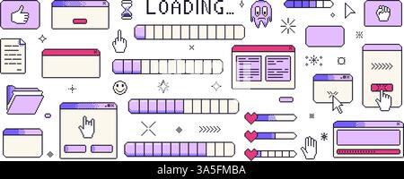 Pixel art jeu fenêtres interface vintage. navigateur 8 bits et éléments de menu avec curseurs et barre de chargement. Ecrans Pixel style années 90. Trames de message de l'interface utilisateur fig Illustration de Vecteur