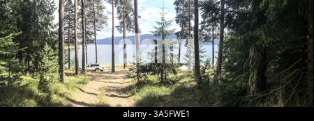 Image panoramique de la forêt et du lac de montagne. Tentes et voiture dans la nature sauvage. Journée ensoleillée. Beaucoup de pins. Panorama dans la forêt Banque D'Images