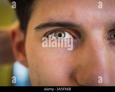 Gros plan de l'œil vert d'un jeune homme attrayant, regardant la caméra Banque D'Images