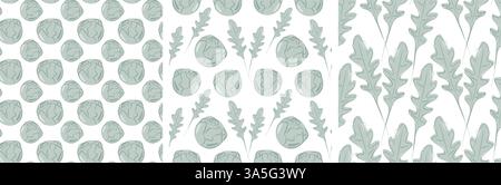 Têtes de choux de Bruxelles Arugula Leaves Monochrome Seamless Patterns Healthy Food Background Idea Set 3. Illustration vectorielle isolée affiche de carte thématique d'alimentation saine ou bannière promotionnelle Web, dépliant, étiquette Illustration de Vecteur