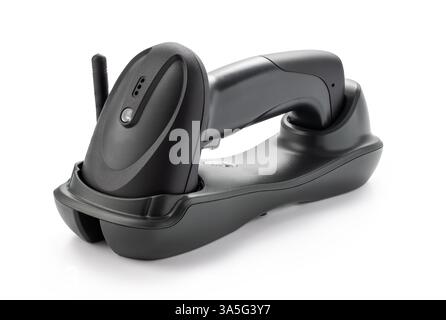 Lecteur de codes-barres qr Code lecteur de codes-barres portable sans fil avec station d'accueil isolée sur fond blanc Banque D'Images