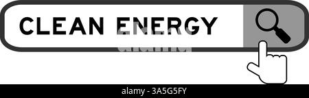Bannière de recherche dans le mot énergie propre avec l'icône loupe de main sur fond blanc Illustration de Vecteur