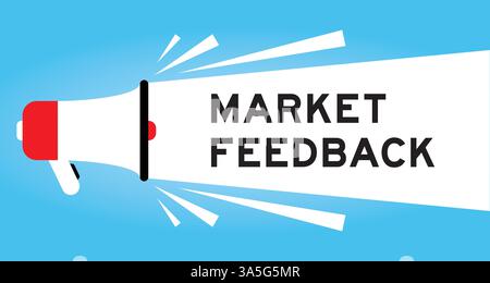 Icône de mégaphone de couleur avec commentaire de marché de mot dans la bannière blanche sur fond bleu Illustration de Vecteur