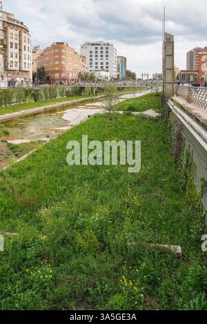 Malaga Espagne. Rivière Guadalmedina passant le centre de Malaga ville après une période de précipitations extrêmes, végétation luxuriante dans la rivière, Málaga, Espagne. Banque D'Images