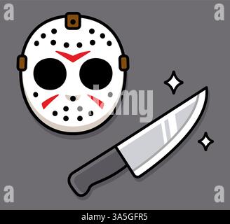 Masque de hockey tueur en série avec un couteau, Halloween ou vendredi 13 dessin d'horreur. Illustration vectorielle de dessin animé. Illustration de Vecteur