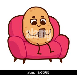 Canapé personnage de pomme de terre assis sur le canapé avec un téléphone texto, surfer sur Internet ou en utilisant les médias sociaux. Illustration de clip art vectoriel de dessin animé drôle. Illustration de Vecteur