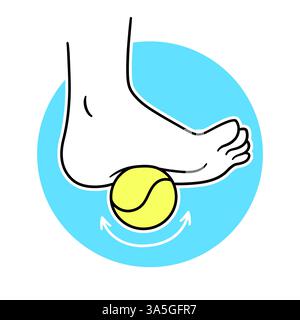 Pied roulant sur un dessin de balle de tennis. Physiothérapie, auto-massage, libération myofasciale. Illustration clip art vectorielle simple. Illustration de Vecteur