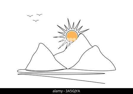 Coucher de soleil dessin à une ligne continue de l'illustration d'art vectoriel de coucher de soleil de la nature Illustration de Vecteur