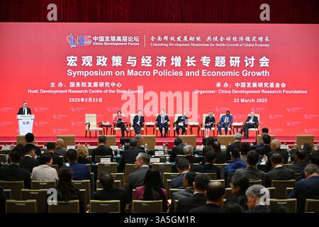 (250323) -- BEIJING, 23 mars 2025 (Xinhua) -- cette photo prise le 23 mars 2025 montre le Symposium sur les politiques macroéconomiques et la croissance économique du Forum de développement de la Chine 2025 à Beijing, capitale de la Chine. Le Forum de développement de la Chine 2025 est prévu du 23 au 24 mars. Le thème du forum de cette année est « libérer l'élan du développement pour une croissance stable de l'économie mondiale ». (Xinhua/Li Xin) Banque D'Images