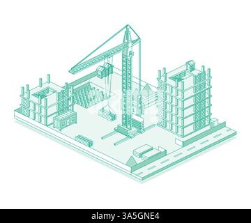 Chantier de construction avec grue et gratte-ciel. Procédé de construction d'un bâtiment à plusieurs étages. Illustration vectorielle dans le style de contour. Illustration de Vecteur