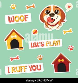 Ensemble de mignons autocollants chiot avec texte et Doghouse illustration vectorielle plate, Illustration de Vecteur