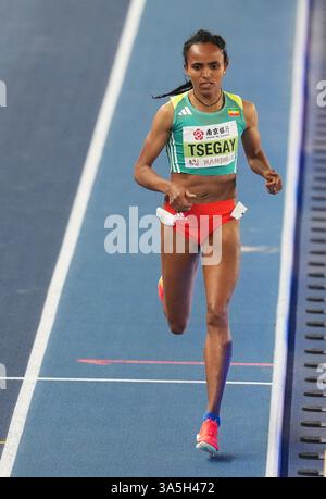 (250323) -- NANJING, 23 mars 2025 (Xinhua) -- L'éthiopienne Gudaf Tsegay participe à la finale du 1500m féminin aux Championnats du monde d'athlétisme en salle 2025 à Nanjing, dans la province du Jiangsu, dans l'est de la Chine, le 23 mars 2025. (Xinhua/Yang Lei) Banque D'Images