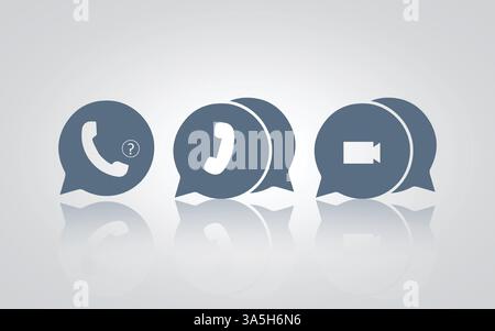 Icônes d'appel, signe de téléphone qui sonne, appel manqué, appel vidéo, avec un fond argenté Illustration de Vecteur