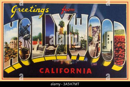HOLLYWOOD CARTE POSTALE VINTAGE RÉTRO salutations de Hollywood, CALIFORNIE Vintage grande lettre Hollywood, Californie City Name carte postale (CA. 1930's-1940's). Fabriqué aux États-Unis. Banque D'Images