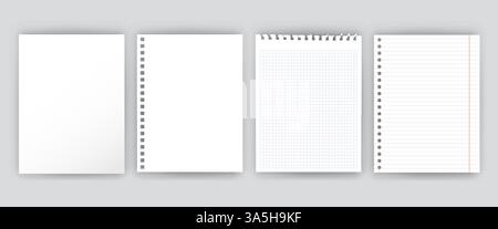Papier à notes. Feuilles blanches blanches pour carnet de notes carrées et lignées avec perforations et effet d'ombre douce réaliste. Maquettes A4 de Copybook. Ensemble de modèles isolés vectoriels. Illustration de Vecteur