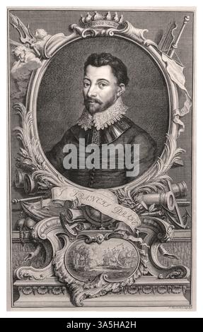 Sir Francis Drake gravure portrait par Jacobus Houbraken, c1720, imprimé sur papier Banque D'Images