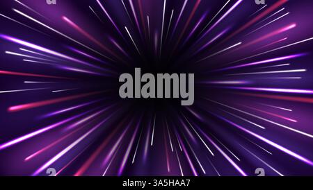 Effet de mouvement radial. Rayons lumineux à grande vitesse, zoom dans l'effet de flou de mouvement, lignes dynamiques starburst et saut hyperspatial. Tunnel abstrait vectoriel à travers le fond de l'espace. Illustration de Vecteur