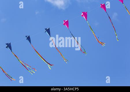 Cerfs-volants enfilés volant dans le ciel bleu, guirlande, festival de cerf-volant à Vinsebeck, Steinheim, Eggebirge et parc naturel de la forêt du sud de Teutoburg, Weser Banque D'Images
