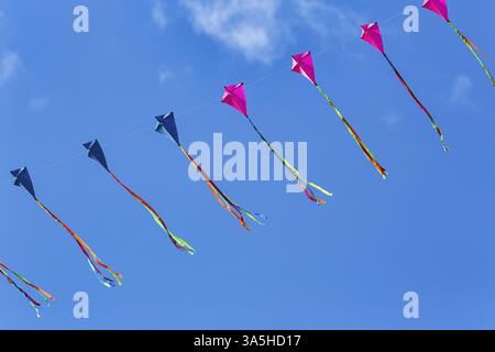 Cerfs-volants enfilés volant dans le ciel bleu, guirlande, festival de cerf-volant à Vinsebeck, Steinheim, Eggebirge et parc naturel de la forêt du sud de Teutoburg, Weser Banque D'Images