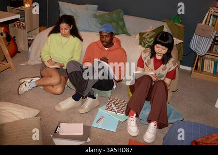 Trois jeunes individus de différentes origines ethniques assis sur le sol avec des cahiers, se concentrant sur l'écriture dans une pièce confortable avec des meubles et des étagères Banque D'Images