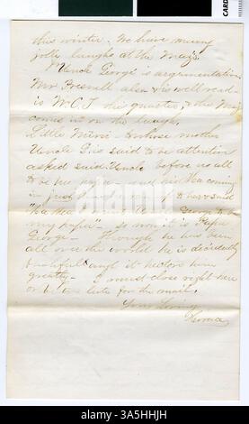 Une lettre écrite par le professeur Horace Goodhue le 12 février 1868 à sa fiancée, décrivant son expérience et son travail académique au Carleton College à Northfield, Minnesota. Banque D'Images