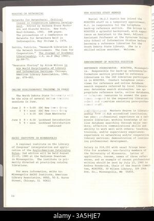 L’édition de juin 1980 de Minitex Messenger couvre des sujets tels que l’impact de la technologie sur les affectations de travail et le moral du personnel. Il comprend le projet d’index des journaux de la Bibliothèque publique de Saint-Paul, les études du Collège selon Olaf et un symposium sur les bibliothèques collégiales d’arts libéraux. Il met également en lumière le service en ligne de Melsa et la croissance d’OCLC. Banque D'Images
