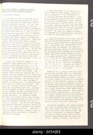 L’édition de juin 1980 couvre des articles sur la technologie, les affectations de travail, le moral du personnel, les études du Collège Olaf, le projet d’index des journaux de la Bibliothèque publique de Saint Paul et un symposium sur l’avenir des bibliothèques collégiales d’arts libéraux. Il comprend également des mises à jour sur le service en ligne de Melsa et la croissance d’OCLC. Banque D'Images