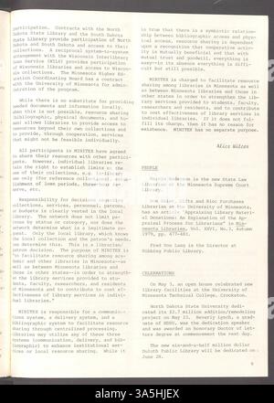 Ce numéro traite de l'effet de la technologie sur les affectations de travail, le moral du personnel et la participation du Collège Olaf aux études. Il couvre également le projet d’index des journaux de la Bibliothèque publique de Saint Paul, un symposium sur les bibliothèques des collèges d’arts libéraux, les services en ligne de Melsa et la croissance d’OCLC. Banque D'Images