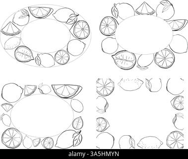 Cadre ovale avec citron entier et tranches et feuilles. Ligne graphique encre noir et blanc style, cadres floraux, invitation, fête, panneaux routiers de mariage. V Illustration de Vecteur