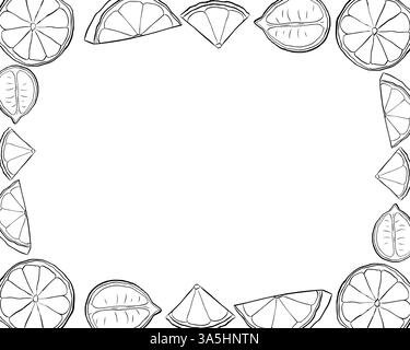 Cadre rectangulaire en tranches de citrons. Modèle noir et blanc avec agrumes. Illustration vectorielle d'encre de ligne graphique avec un espace vide pour le texte. Idéal pour m Illustration de Vecteur