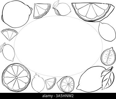 Cadre rectangle citron entier et tranches. Modèle de cadre de texte d'encre de ligne graphique vectoriel noir et blanc. Exemple d'affiche, invitation de fête, bannière de vacances, Illustration de Vecteur
