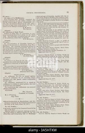 Cet ouvrage documente les activités du conseil municipal de constitué Paul pour la période de janvier 1877 à janvier 1878, y compris les ordonnances, débours, pétitions, permis, et les rapports du procureur et contrôleur de la ville. Banque D'Images