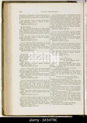 Cet ouvrage documente les activités officielles du conseil municipal du Collège Paul de janvier 1877 à janvier 1878, y compris les ordonnances, les débours, les pétitions et les rapports du procureur et contrôleur de la ville. Banque D'Images