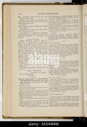 Cet ouvrage documente les activités du Conseil municipal de la ville de janvier 1875 à janvier 1876, consignant ordonnances, pétitions, débours, licences, et les rapports du procureur et contrôleur de la ville. Banque D'Images