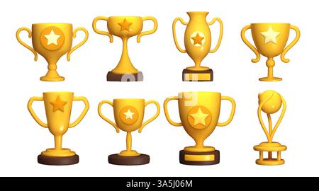 trophée 3d. Coupe de prix, coupe gagnante ou championne du tournoi de football. Victoire du concours Gold Game. Rendre le symbole premium de victoire isolé, brillant prix jaune de championnat. Illustration vectorielle Illustration de Vecteur