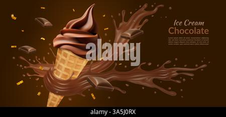 Crème glacée au chocolat. Affiche Choco Icecream, 3d splash sur le paquet de cône pour le dessert glacé. Annonce réaliste de délicieux sundae. Nourriture sucrée estivale. Bannière publicitaire promotionnelle de produit laitier de cacao vectoriel Illustration de Vecteur
