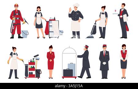 Personnel d'accueil. Ouvriers professionnels de l'hôtellerie. Concierge et portier. Service d'emploi de réceptionniste. Femme de ménage avec chariot. Chasseur et serveur de restaurant. Personnes de réception. Vector Guesthouse employés set Illustration de Vecteur