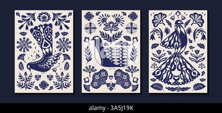 Oiseaux folkloriques. Ornement bleu, silhouettes animales et végétales dans un style boho abstrait vintage floral. Folklore graphique naturel traditionnel scandinave imprimé minimal. Affiche vectorielle avec des éléments botaniques Illustration de Vecteur