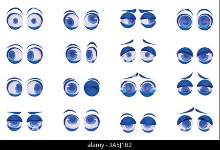 3d eyes set. Visage comique de bande dessinée, emoji ou côtés de globe oculaire mignon avec sourcils. Drôle d'expression forme avatar, émotions amusantes. Regard de personnage heureux, en colère et surpris. Collection d'icônes isolées vectorielles Illustration de Vecteur
