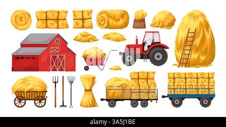 Balle de foin. Ferme de paille, tracteur et botte de foin, chariot avec herbe sèche, éléments de campagne. Pile carrée de fourrage pour l'agriculture. Pile de blé doré, alimentation du bétail. Illustration de style plat de dessin animé vectoriel Illustration de Vecteur