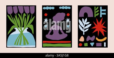 Fond boho. motif brut des années 1960. Conception d'affiche abstraite dessinée à la main ou silhouette de célébration des années 1970. Dessinez des formes simples et plates. Méditation femme. Vase à fleurs. Jeu de bannières graphiques de conception vectorielle Illustration de Vecteur