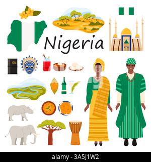 Voyage au Nigeria ensemble infographique avec titre, éléments culturels et peuple nigérian en tenue ethnique. Mosquée nationale d'Abuja et masque tribal, illustration vectorielle du fleuve Niger et de la savane Illustration de Vecteur