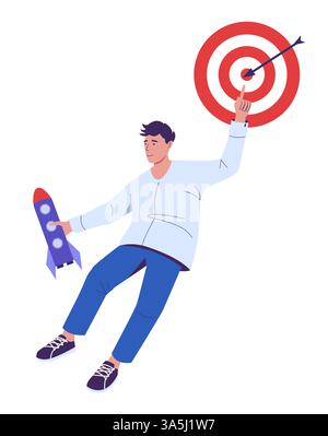L'entreprise atteint son objectif. Stratégie de démarrage. L'homme tient la fusée, la réalisation et le succès dans le défi et la compétition, le sport frappé. Décision de personnage de manager masculin. Illustration isolée plate de dessin animé vectoriel Illustration de Vecteur