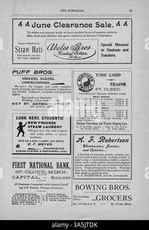 The Normalia, 1901-05, une publication de l'Université d'État Cloud, comprend des articles scientifiques liés à l'éducation publique. Les sujets notables abordés comprennent le plan du nouveau bâtiment, les contributions des professeurs et les événements sur le campus. Il présente également des descriptions du département de la maternelle, des mises à jour de biologie et de laboratoire physique, et des photographies historiques du campus, y compris des vues de Lawrence Hall et du fleuve Mississippi. Banque D'Images