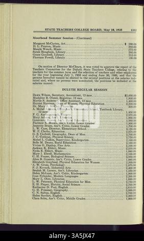 Les procès-verbaux du Minnesota State Teachers Colleges Board documentent le développement des collèges d'enseignants de l'État de 1925 à 1938, en se concentrant sur les changements dans les facultés, les programmes d'études et la croissance du campus. La publication comprend des enregistrements pour les collèges d'enseignants d'État suivants : Cloud, Mankato, Winona, Moorhead et Duluth. Banque D'Images