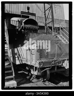 Photographie d’un wagon de chemin de fer chargé à la benne de la mine Victory de Pyramid Coal Company à Terre haute, Indiana, ouverte en 1943. Banque D'Images