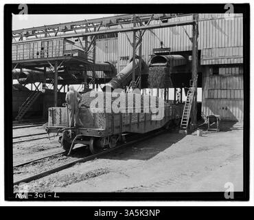 Un wagon de chemin de fer chargé de charbon à la mine Victory de la Pyramid Coal Company à Terre haute, Indiana. La bascule était utilisée pour charger du charbon sur des wagons, essentiels pour le transport vers le marché. Banque D'Images