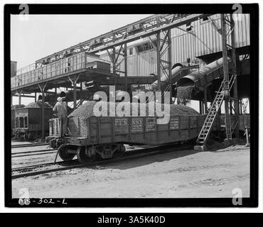 Cette photographie de 1946 montre un wagon de chemin de fer chargé de charbon à la pointe de la mine Victory de Pyramid Coal Company à Terre haute, comté de Vigo, Indiana, qui a ouvert ses portes en 1943. Banque D'Images